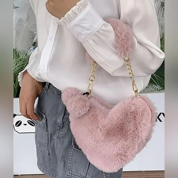 Beige Hobo Mini Tote Handbag Fluffy Fur Purse - Picture 4 of 5